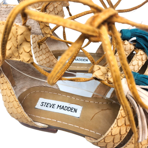 Steve Madden Sandals 5.5 Tan Blue Strappy Gladiator Tassel Boho Bohemian Ankle - Picture 7 of 10